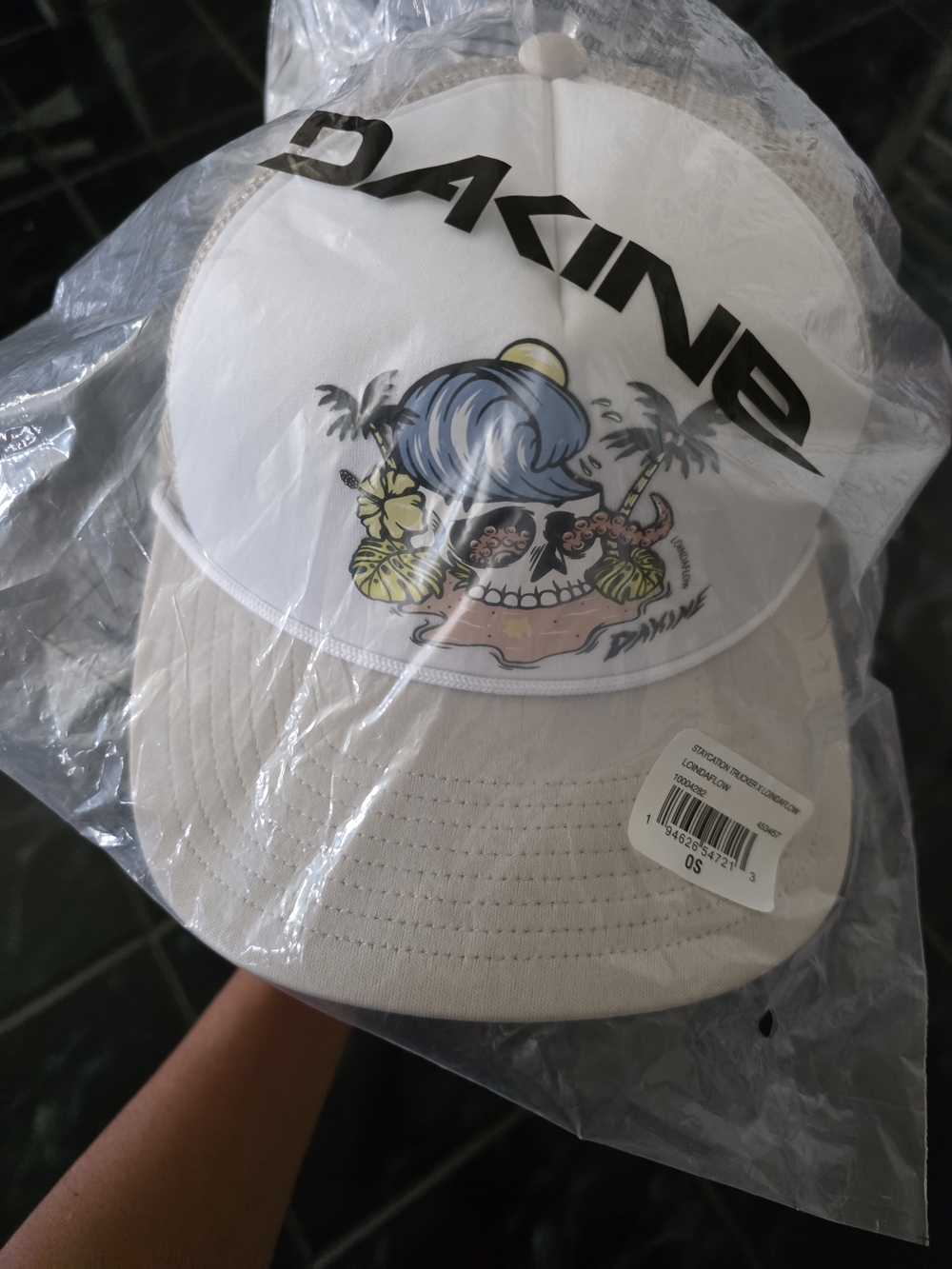 Dakine White and Beige Mens Trucker Hat with Colorful Tropical Skull Graphic